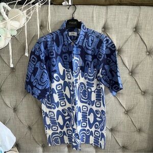 K.A.D Men's XL 100% Cotton button up shirt Blue White Tropical Hawaiian Aloha